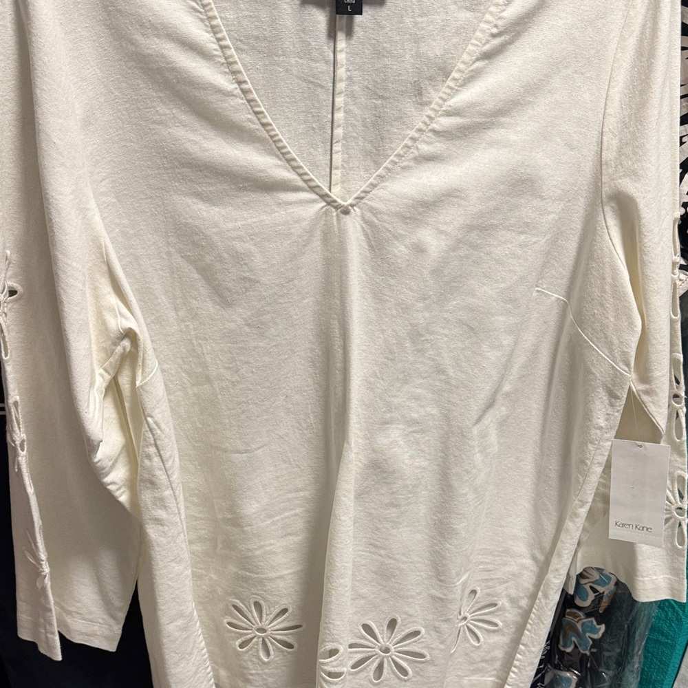 Karen Kane Cream V-Neck Blouse with Floral Cutouts